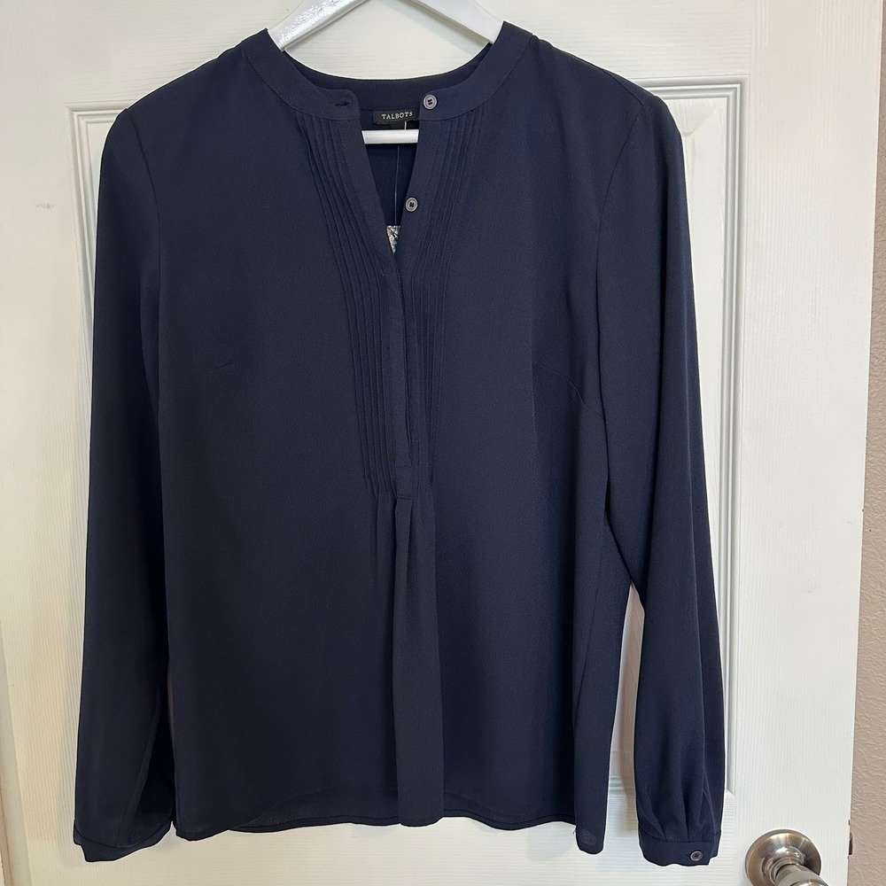 NWT Talbots Navy Blue Button Front Long Sleeve‎ Blouse Women's Size 8